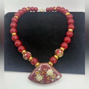 Vintage Gold Tone and Burgundy Red Tensha Beaded Pendant Necklace. Japan